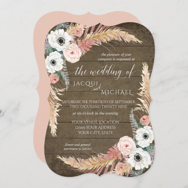 Invitación Boda rústica floral de hierba de Pampas blanca y s (Anverso / Reverso)