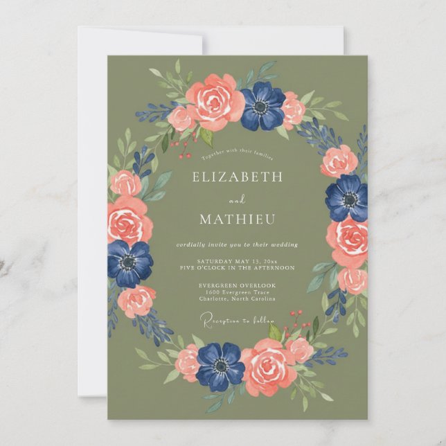 Invitación Boda Rústica Floral de Melocotón Verde Oliva (Anverso)