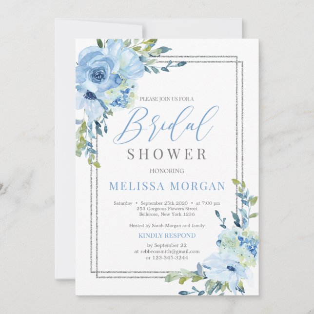 Invitación Boda rústica floral de plata geométrica y azul (Anverso)