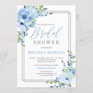 Invitación Boda rústica floral de plata geométrica y azul