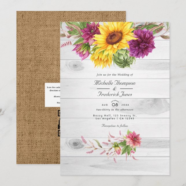 Invitación Boda rústica floral de sol y ciruela de Borgoña co (Anverso / Reverso)