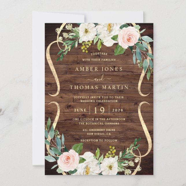 Invitación Boda Rústica Floral Marfil Rubor (Anverso)