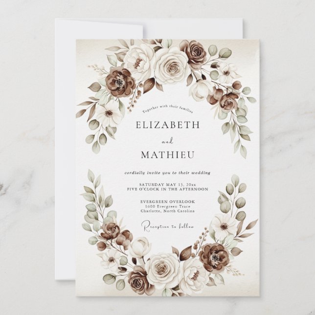 Invitación Boda Rústica Floral Marrón (Anverso)