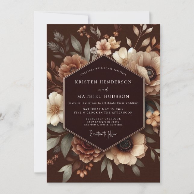 Invitación Boda Rústica Floral Marrón (Anverso)