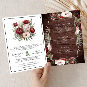 Invitación Boda Rústica Floral Rosa Crema Borgoña en Madera