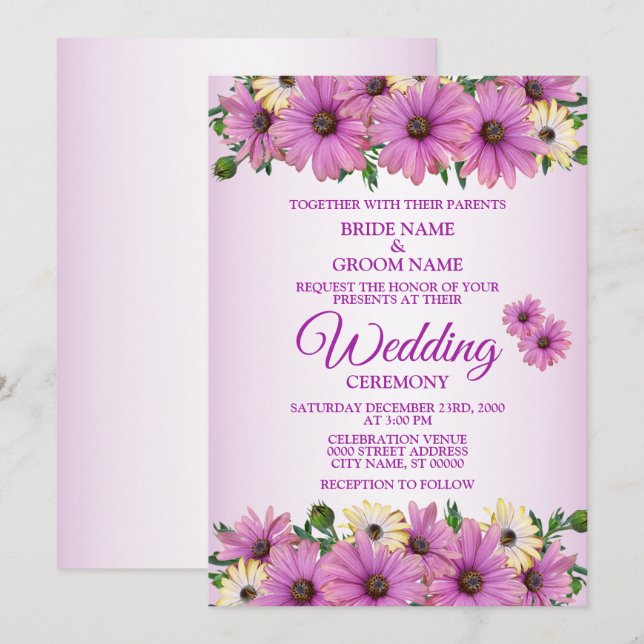 Invitación Boda Rústica Floral Rosa Elegante Amarillo (Anverso / Reverso)