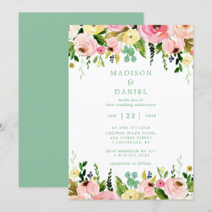 Invitación Boda Rústica Floral Rosa y Verde Menta