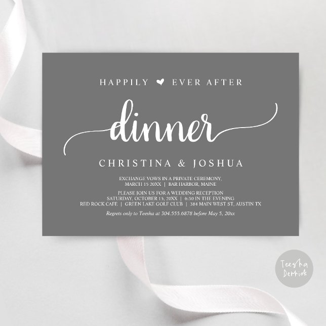 Invitación Boda Rústica Fugada: Juntos para Siempre Cena (Happily Ever After Dinner Invitation Card, Modern Elopement Rustic Script, PDF, Dark Grey)