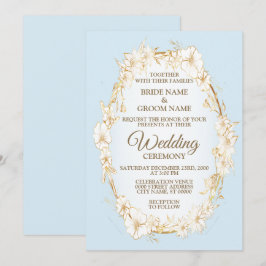 Invitación Boda Rústica Geométrica Azul Floral Blanca Dorada