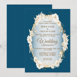 Invitación Boda Rústica Geométrica Azul Floral Blanca Dorada