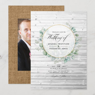 Invitación Boda rústica geométrica de eucalipto en granero ca
