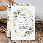 Invitación Boda rústica geométrica verde y dorada<br><div class="desc">El diseño presenta follaje de vegetación mixta aireada acuarela y ramas en varios tonos de verde con elementos de hojas de diseño impresos en oro sobre un marco geométrico de color dorado.</div>