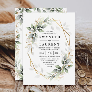 Invitación Boda rústica geométrica verde y dorada