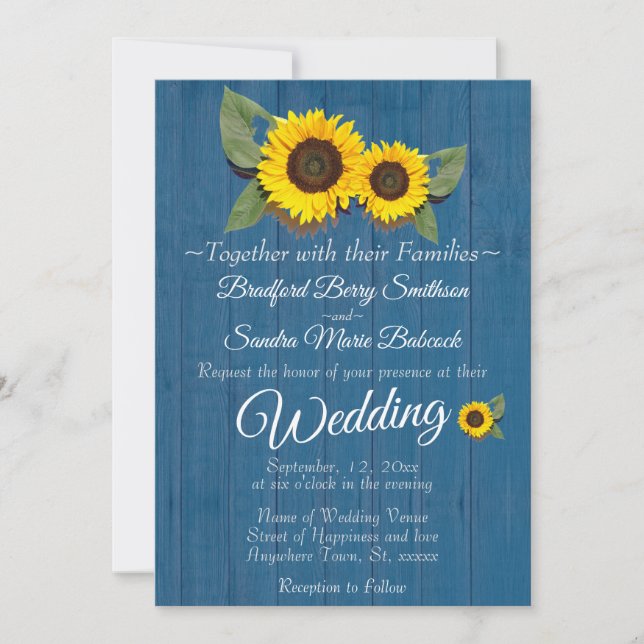 Invitación Boda Rústica Girasol Azul Madera  (Anverso)