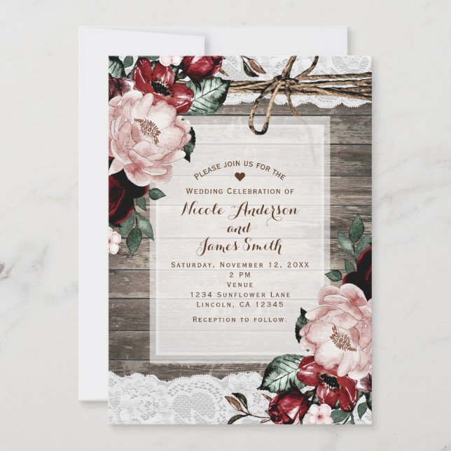 Invitación Boda rústica glamurosa con flores de madera y enca (Anverso)