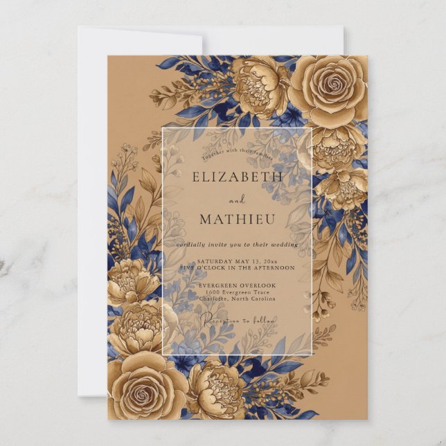 Invitación Boda rústica grandiosa azul marino (Anverso)