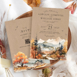 Invitación Boda Rústica Kraft Acuarela Árbol Otoño Montaña