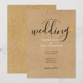 Invitación Boda Rústica Kraft Corazón Dorado Chic