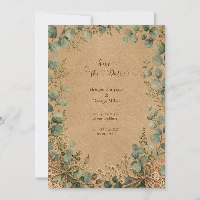 Invitación Boda rústica kraft eucalipto encaje  (Anverso)