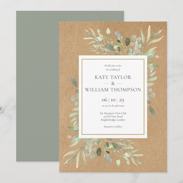 Invitación Boda Rústica Kraft Hojas de Primavera Verde (Anverso / Reverso)