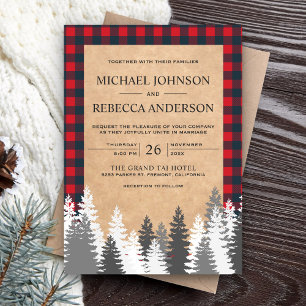 Invitación Boda Rústica Kraft Plaid Rojo de Pino Blanco