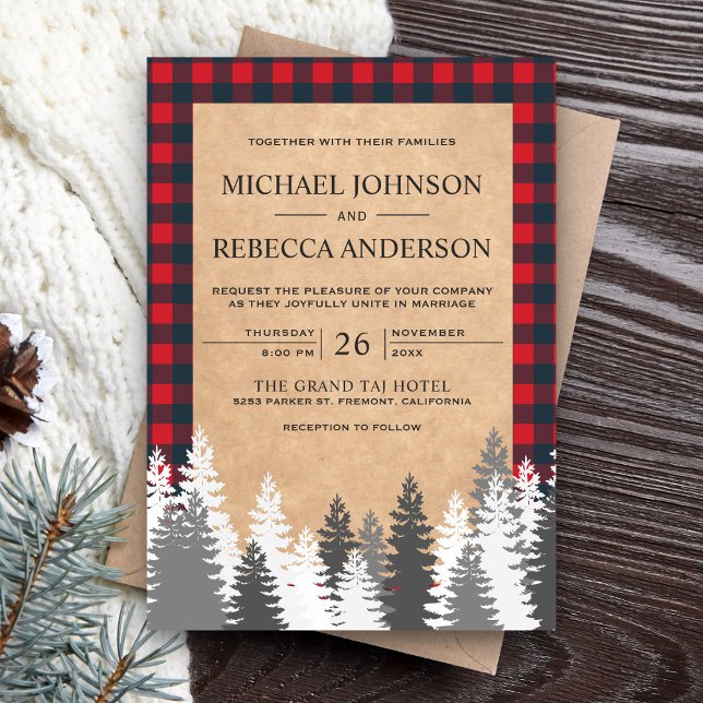 Invitación Boda Rústica Kraft Plaid Rojo de Pino Blanco (Subido por el creador)