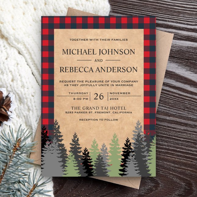 Invitación Boda rústica Kraft roja de cuadros escoceses de Ev (Subido por el creador)