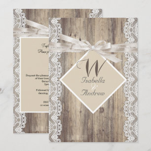Invitación Boda Rústica Madera Encaje Blanco Beige