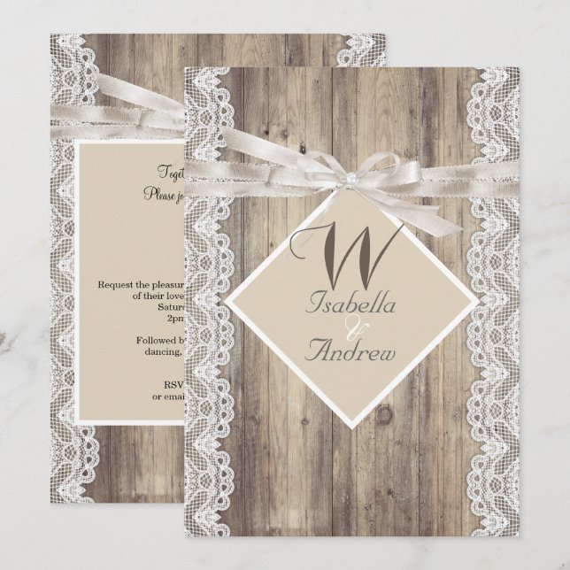 Invitación Boda Rústica Madera Encaje Blanco Beige (Anverso / Reverso)