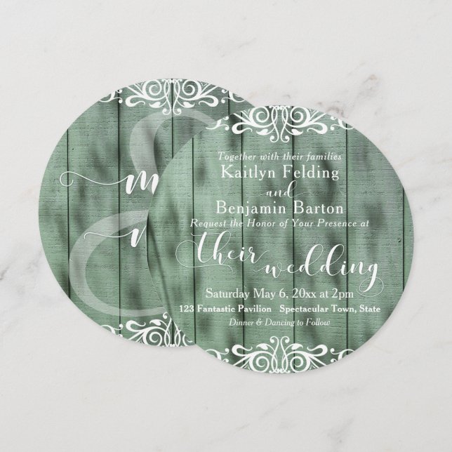 Invitación Boda Rustica Madera Verde Blanco Labor de Aguja 2c (Anverso / Reverso)