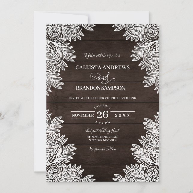 Invitación Boda rústica marrón blanca de encaje de campo (Anverso)