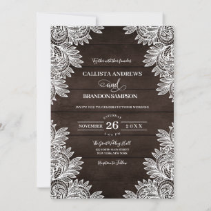 Invitación Boda rústica marrón blanca de encaje de campo