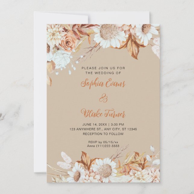 Invitación Boda Rústica Marrón Blanco Flores Boho Vainilla (Anverso)