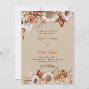 Invitación Boda Rústica Marrón Blanco Flores Boho Vainilla