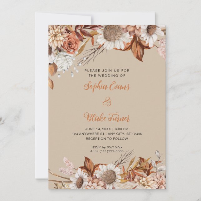 Invitación Boda Rústica Marrón Blanco Flores Boho Vainilla (Anverso)