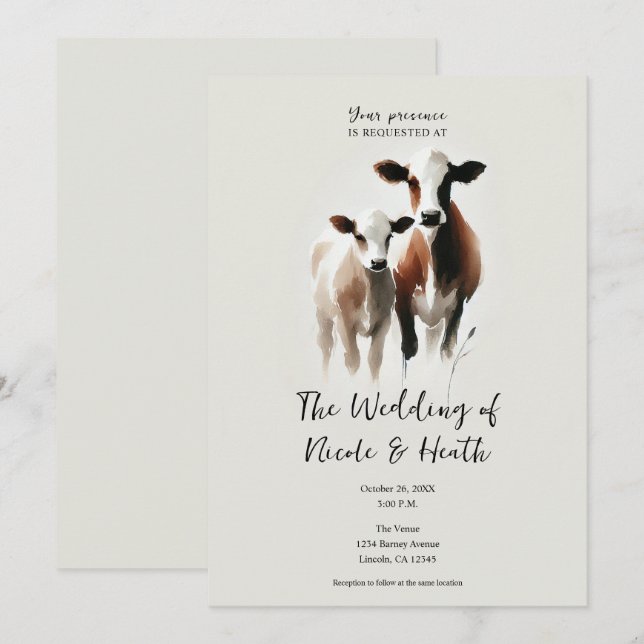 Invitación Boda Rústica Mínima Acuarela Vacas (Anverso / Reverso)
