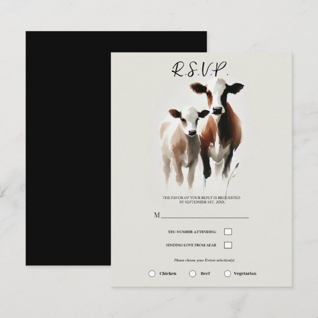 Invitación Boda rústica minimalista de vacas en acuarela (Anverso / Reverso)