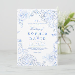 Invitación Boda Rústica Minimalista Flor Silvestre Azul