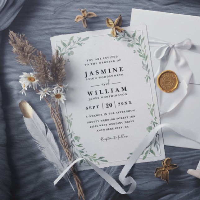 Invitación Boda rústica moderna elegante con vegetación de eu (Subido por el creador)