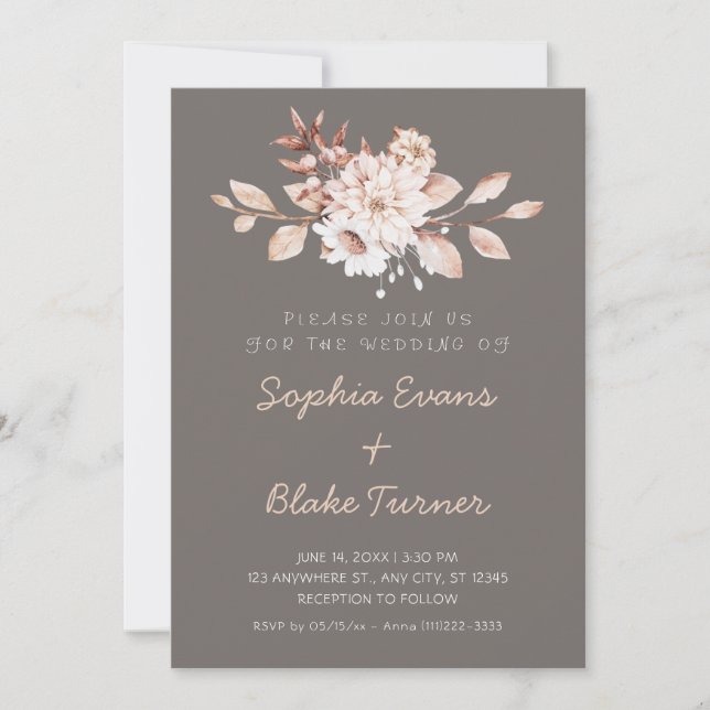 Invitación Boda Rústica Moderna Floral Suave Plata Oscuro (Anverso)
