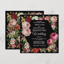 Invitación Boda Rústica Negra con Floral Rosa Rojo y Verdor