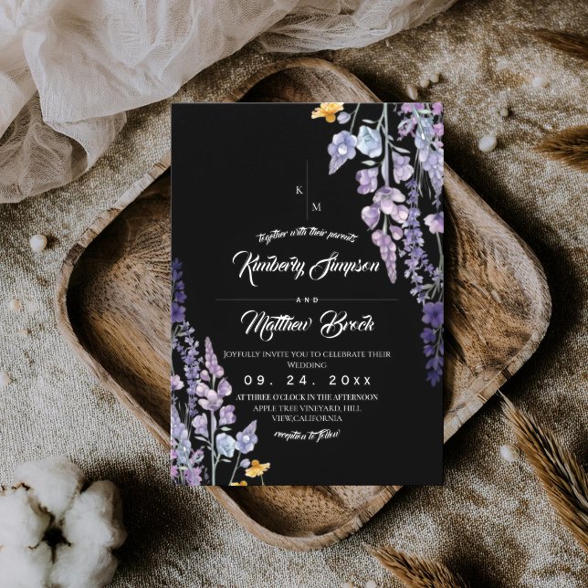 Invitación Boda rústica negra de flores silvestres modernas y (Subido por el creador)