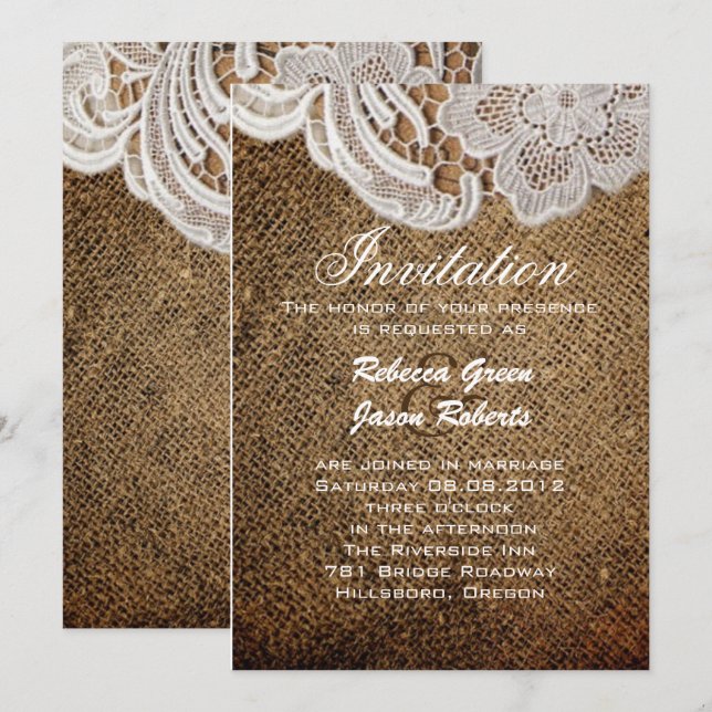 Invitación boda rústica occidental campestre arpillera y enca (Anverso / Reverso)