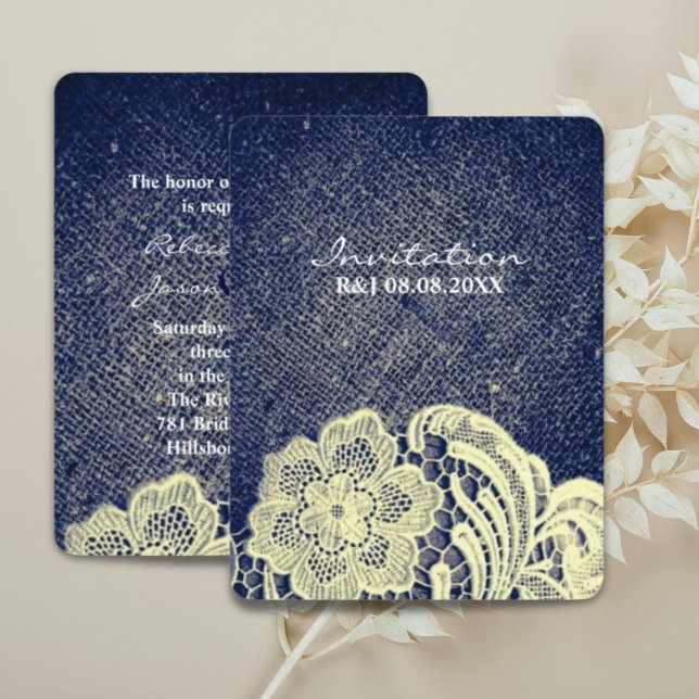 Invitación boda rústica occidental país azul marino encaje (rustic western country navy blue lace wedding invitation)