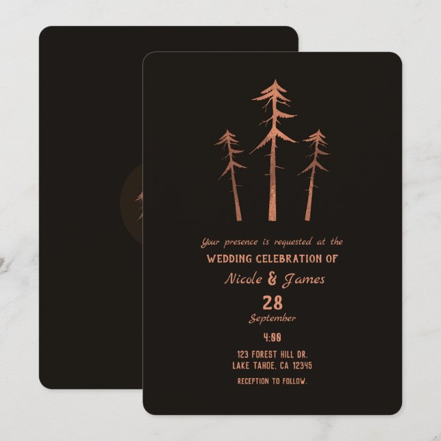 Invitación Boda Rústica Pinos Altos Bronce Cobre (Anverso / Reverso)