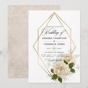 Invitación Boda rústica poligonal floral de marfil