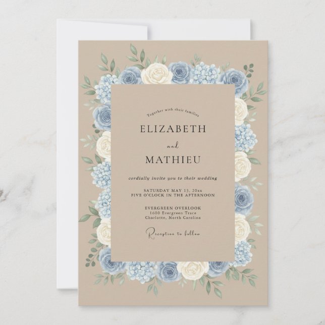 Invitación Boda Rústica Refinada en Azul Polvoriento (Anverso)