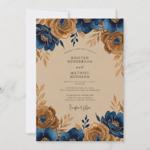 Invitación Boda Rústica Regia Azul Marino y Dorado