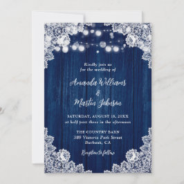 Invitación Boda Rústica Romántica con Encaje de Madera Azul M