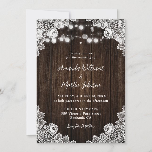 Invitación Boda Rústica Romántica con Encaje Floral de Madera (Anverso)